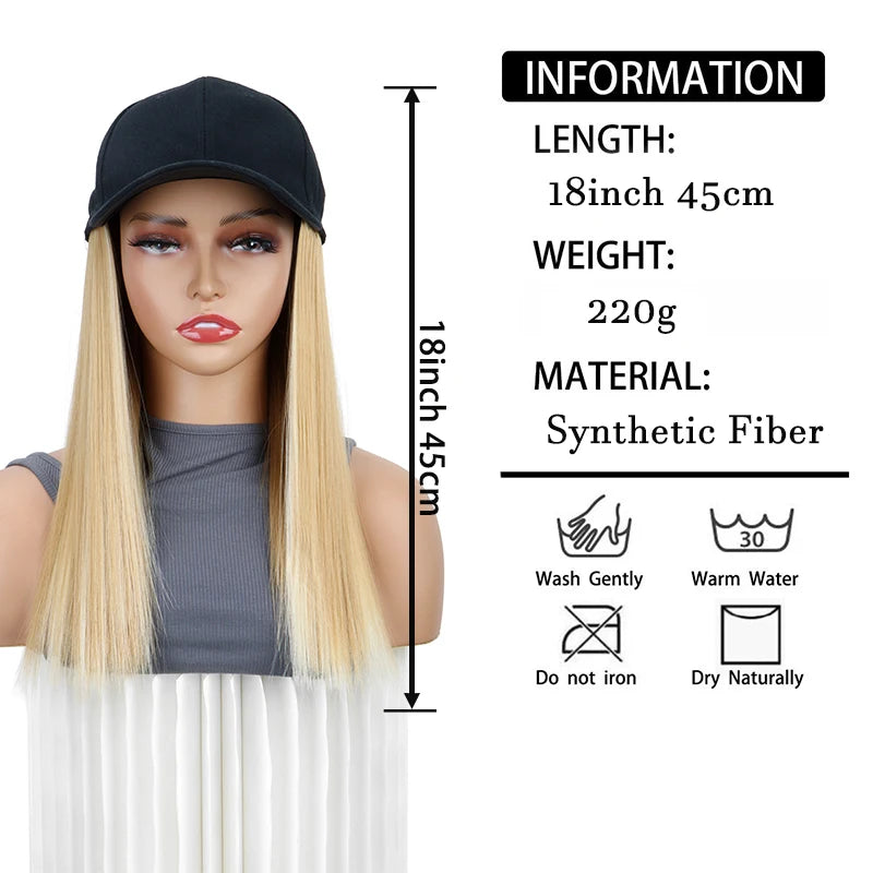 18Inch Synthetic Hat Wig Long Straight Hair Baseball Cap Hair Extension Adjustable for Women Daily Use