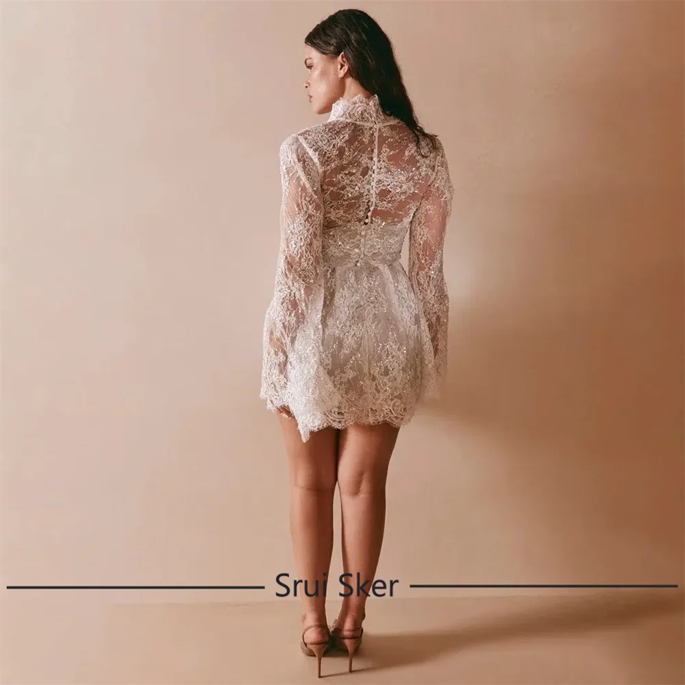 Luxury Lace Deep V Neck Customized Short A Line Wedding Dress Buttons Tiered Flare Sleeves Formal Bridal Gown vestidos de novia