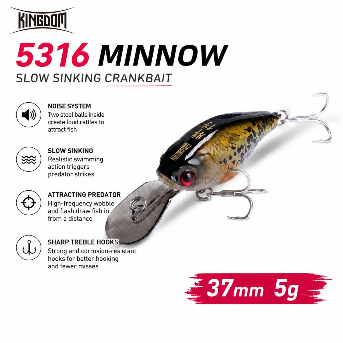 Kingdom 37mm 5g Minnow Fishing Lures Slow Sinking Crankbaits Artificial Hard Wobblers Bait for Freshwater Bass Fishing