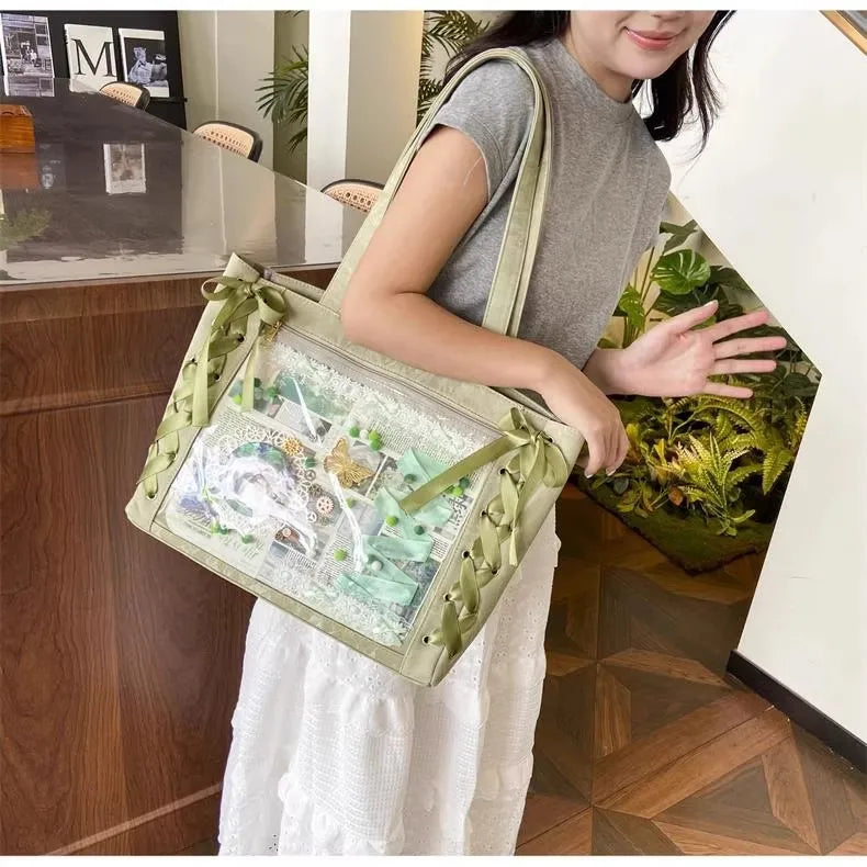 New Y2K Ribbon Bow Japanese Ita Shoulder Bag Cute Girl Transparent Pocket Large Capacity Crossbody Tote Bag DIY Display Handbags
