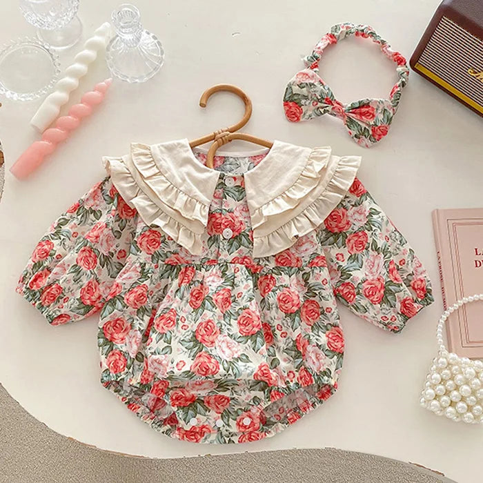 2025 New Spring Baby Sisters Dress 1-5Yrs Girl Party Dress Long Sleeved Cotton Rose Print Romper Sisters Kids Princess Dresses