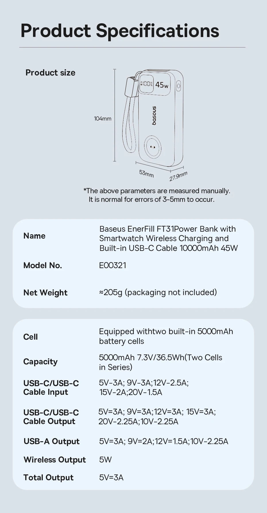 Baseus 45W 10000mAh Power Bank with 5W Magnetic Wireless Charging for iWatch & AirPods External Battery For iPhone 17 16 Pro Max