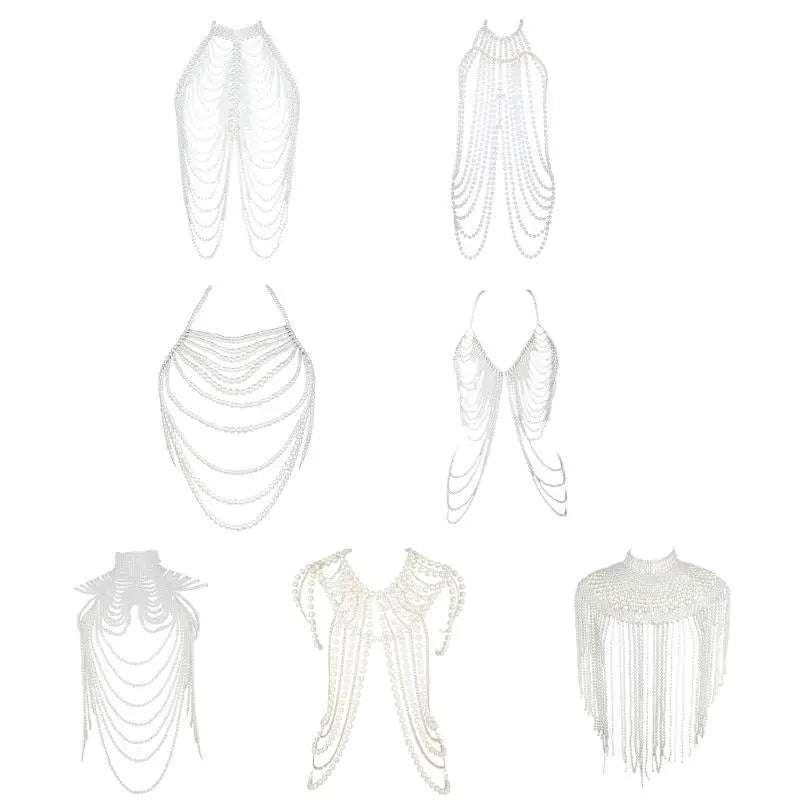 P9FE Fringed Pearls Shawl Wrap for Female Shoulder Chain Necklace Elegant Bride Shawl Formal Dress Shoulder Wrap Body Chain