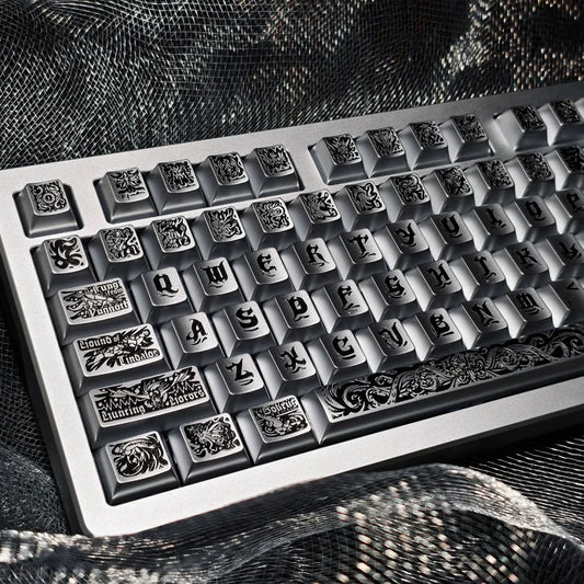 Cthulhu PBT Keycaps Set,130 Keys Custom Black Silver Metallic Silver Finish Cherry Profile Keycap For MX Mechanical Keyboard