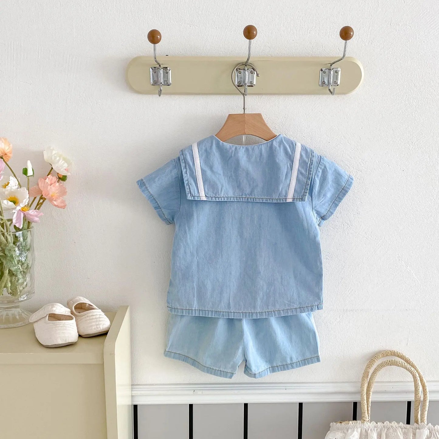 2025 Summer New  Korean Style Baby Short Sleeve Denim Set Sailor Collar Sleeve T-shirts Top Tees+Kid Shorts  two-piece set  0-4T