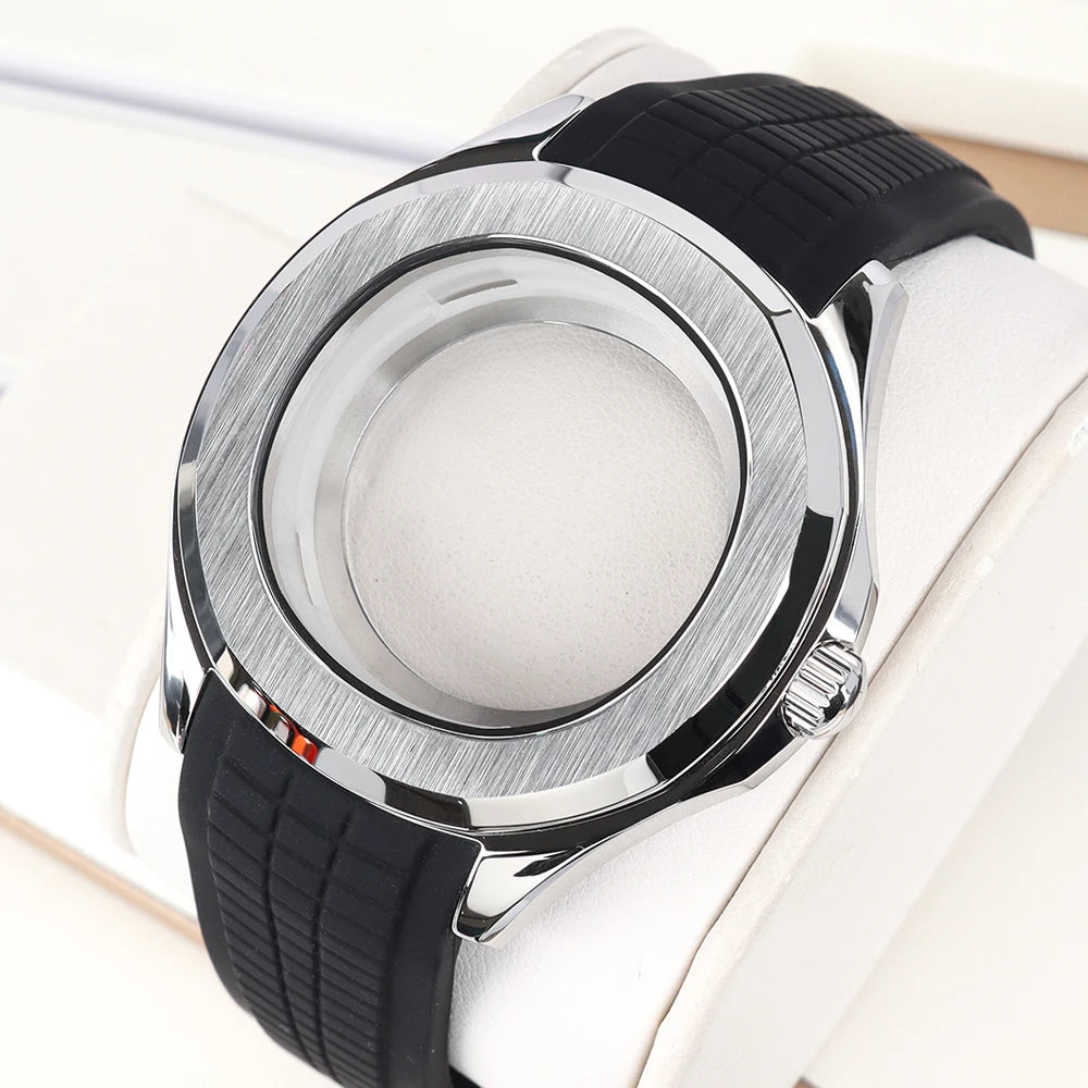 42mm Silver NH35 Watch Case Polished Brushed Black strap SapphireGlass For Nautilus AQUANAUT Cases Part NH35 NH36 NH38 32mm Dial
