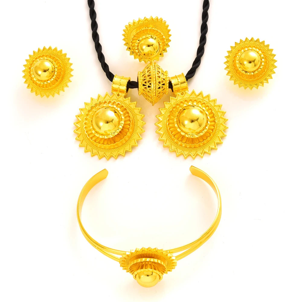 Ethiopian  Jewelry 2pcs Pendant/Necklace/Earring/Ring/Bracelet Gold Color Eritrea Set Man Women's Habesha Wedding Party Gift