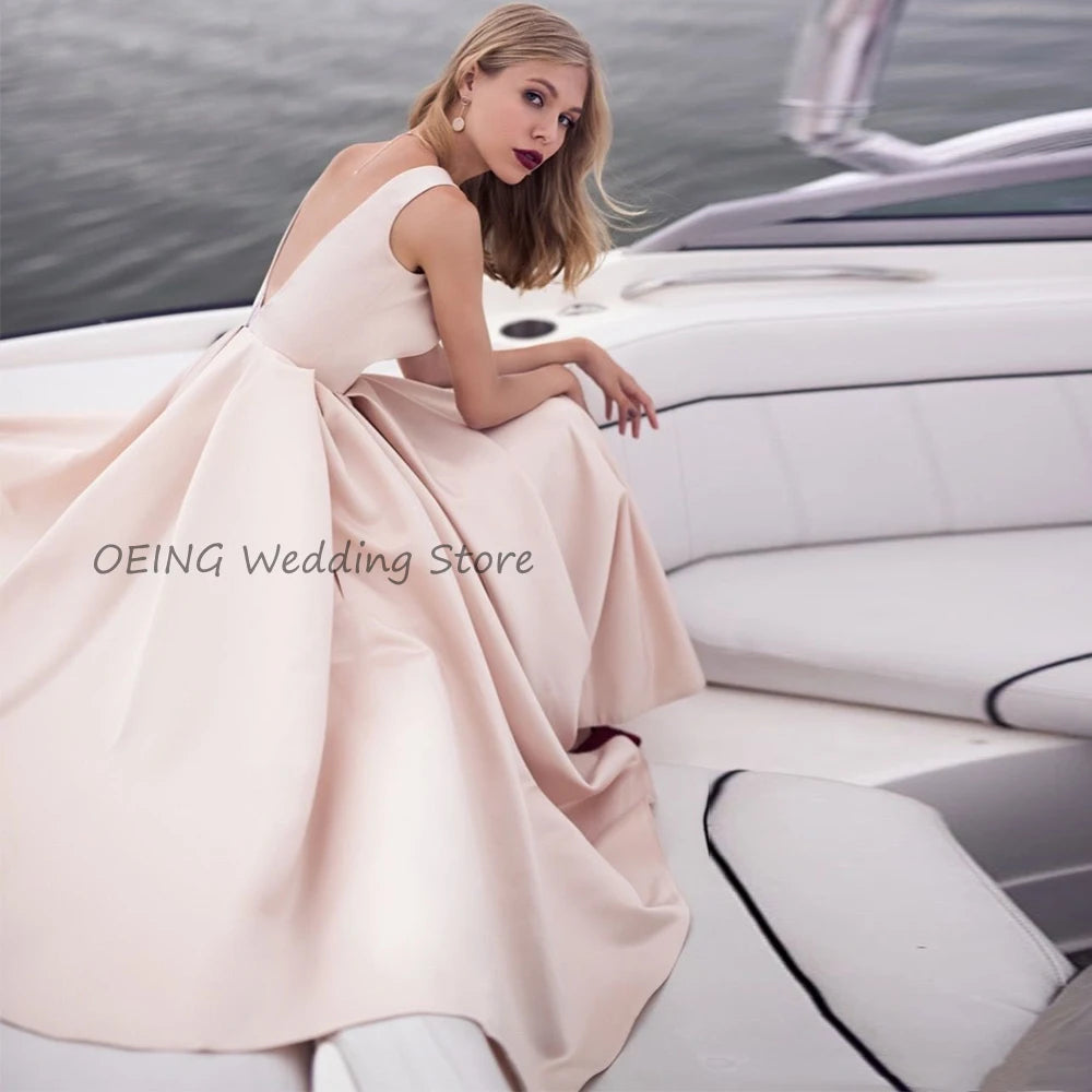 Simple Pearl Pink Bridal Dress A Line Ankle Length Deep V Neck Sexy Bridal Gown Backless Zipper Up Sleeveless Short Wedding Gown