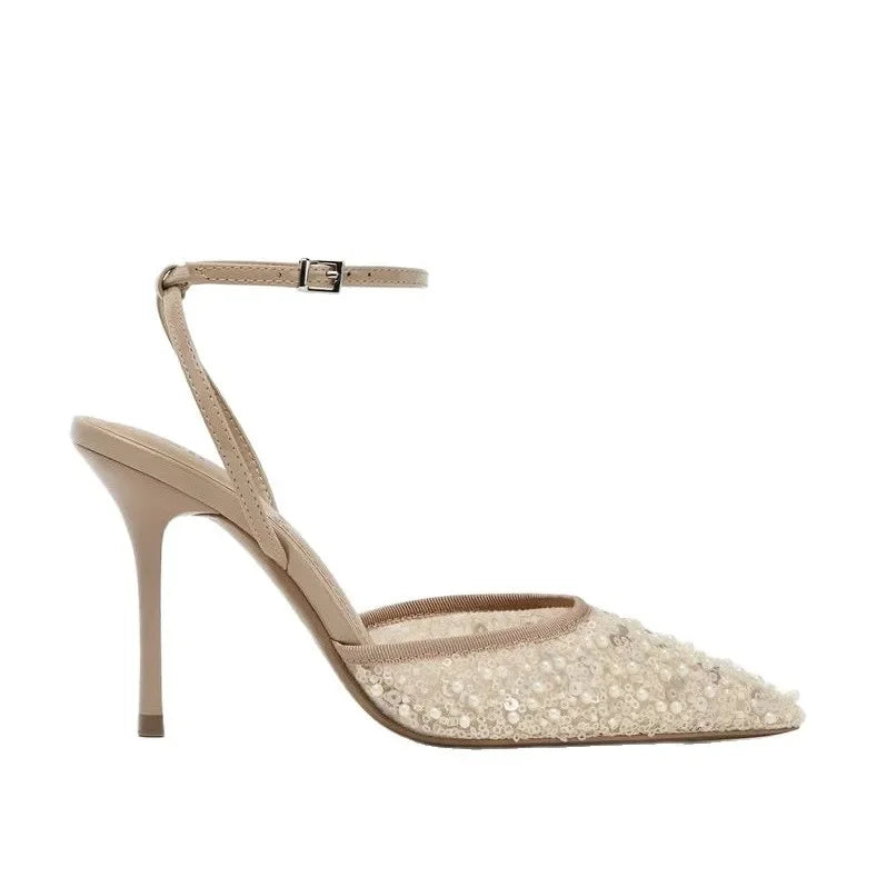 Pumpkin Color Diamond High Heels Pointed Toe Backless Sandals Evening Shoes Low Heel Single Shoes Rubber Upgraded Version