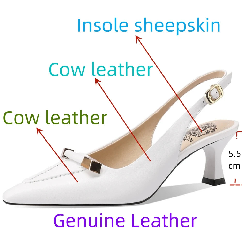 【JOCHEBED HU】Summer Brand Genuine Leather Mid Heels Women Sandals Fashion Slingback Pumps Office Lady Shoes 33-43