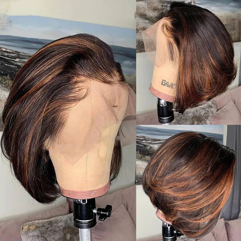 13x4 Lace Front Pixie Cut Bob Wig Highlight Honey Blonde Ombre Brazilian Remy Human Hair Pre‑Plucked Natural Hairline Soft