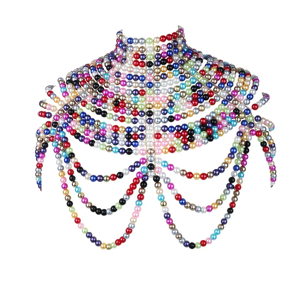 Sexy Pearl Body Chain For Women Necklaces Shawl Female Punk Style Beaded Collar Shoulder Sweater  Long Chain Bridal Body Jewelry