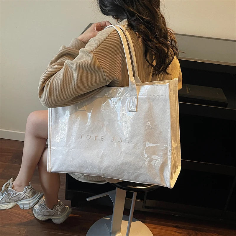 Women's Glossy Leather Tote Bag Letter Print Large Capacity Casual Commuter Shoulder Bag Fashion Daily Shopping Handbag 2026