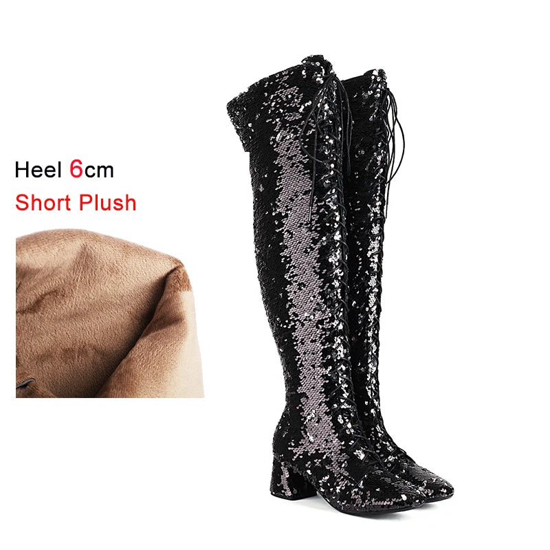 Glitter Bling Boots Women Over the knee Chunk High Heels Zipper Lace-Up Runway Lady Shoes Large Size Thigh High Boots Size 46