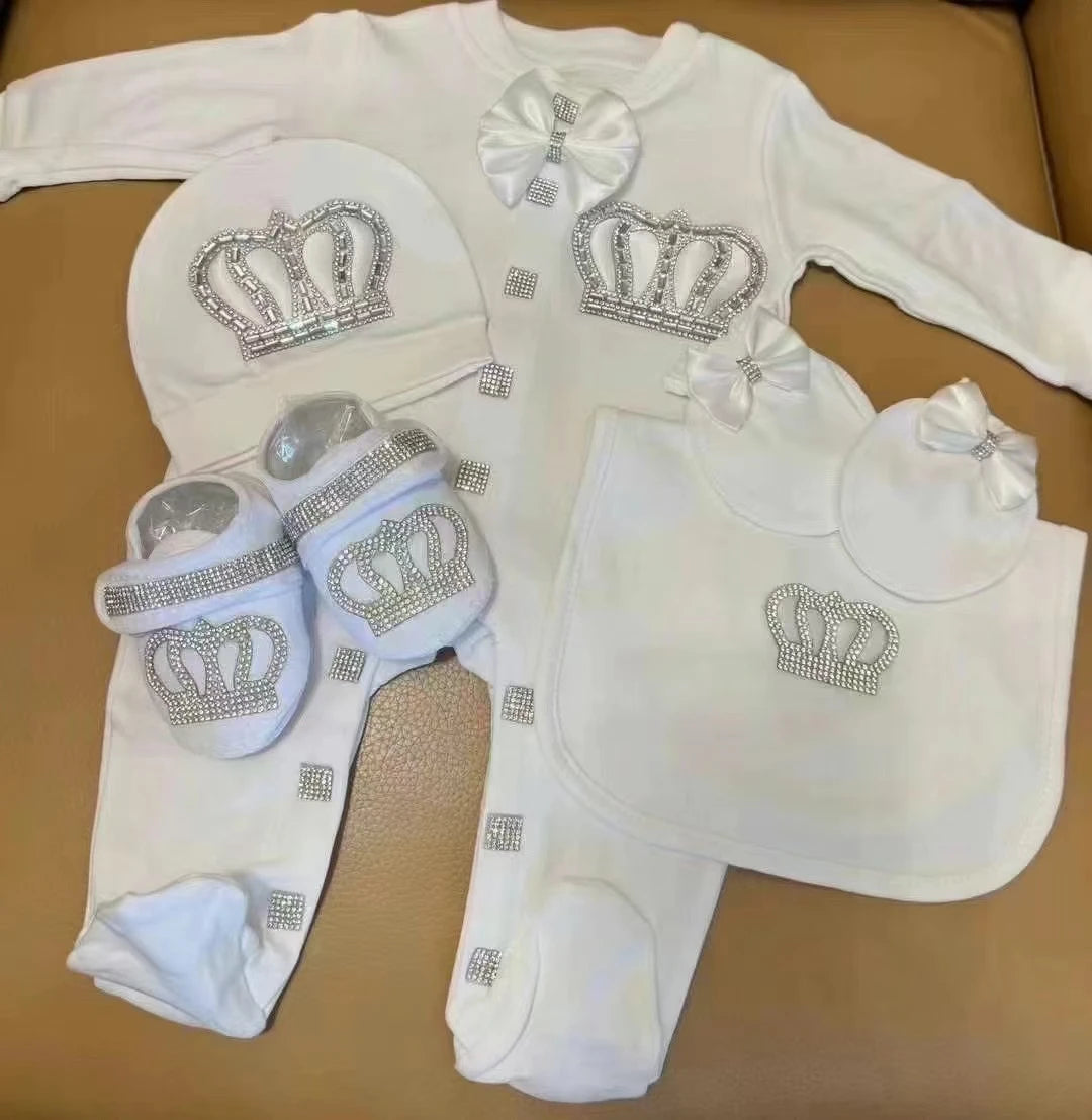 Dollbling Baptism Outfit Boy Prince Luxury Bling Christening Coming Home Romper Bonnet Set Mittens Nursery Hospital Clothing set