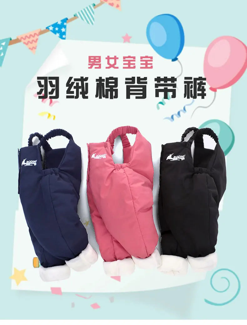 2025 Autumn Winter Baby Boys Overalls Solid Color Lining Plush Keep Warm Jumpsuit For 1-4Y Toddlers Kids Down Cotton Trousers