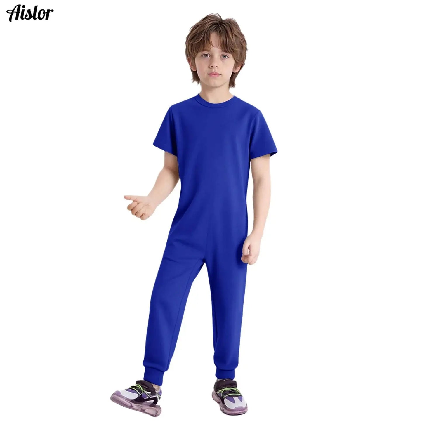 Kids Boys Girls Special Needs Adaptive Clothing Cotton Round Neck Short Sleeve Back Zipper Solid Color Full Body Jumpsuit Romper