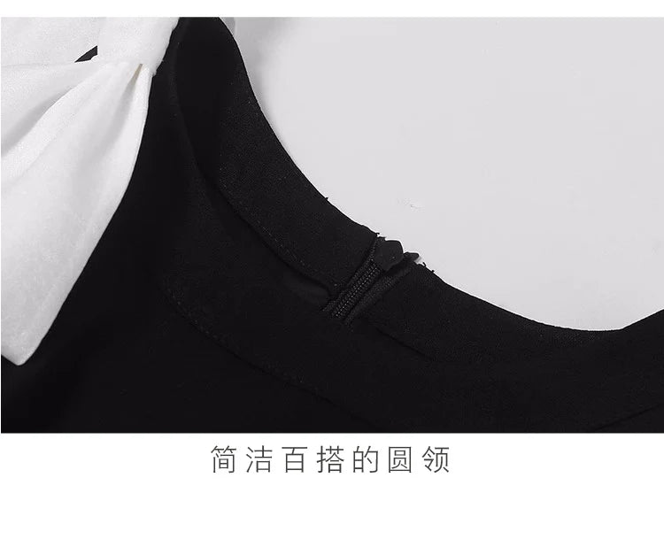 Designer Fashion New Summer Rose Flower Embroidery Office Dress Elegant Women O Neck Hit Color Bowknot Black Floral Midi Dresses