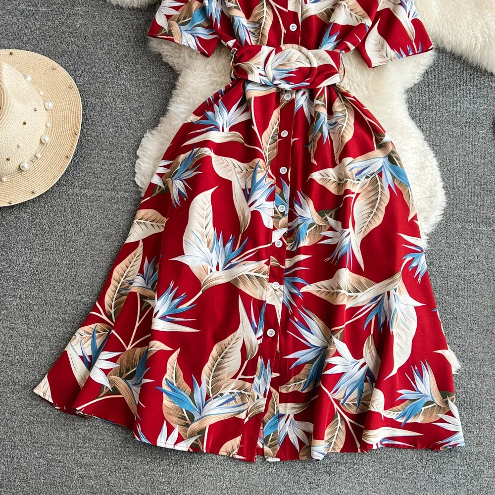 2024 New Summer Women Dress Fashion Print Floral A-line Shirt Dress with Belt Elegant Vintage Off Lady Dress Casual Vestidos