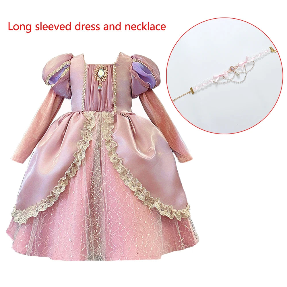 Kids Pink Aurora Princess Lolita Dress Halloween Costume Girl Sleeping Beauty Princess Cosplay Birthday Party Dresses for 2-12Y