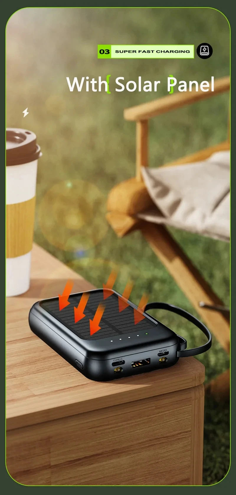 50000mAh High Capacity Solar Power Bank Built in Cable Solar Charger 2-USB Ports External Charger Power Bank LED Light 2026 New