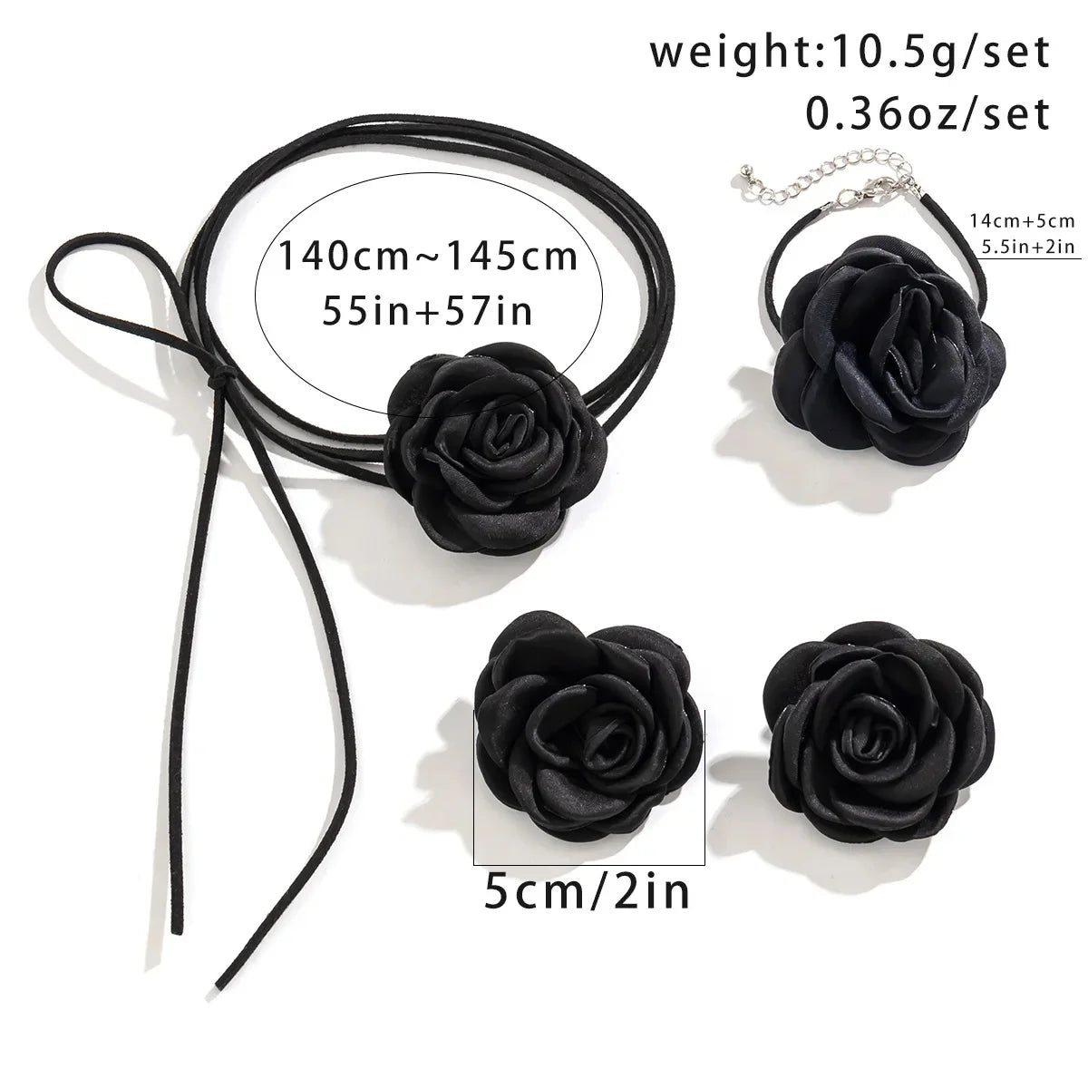 Women Adjustable Rope Choker Clavicle Chain Goth Y2K Romantic Rose Flower Necklace Bracelet Earrings Set