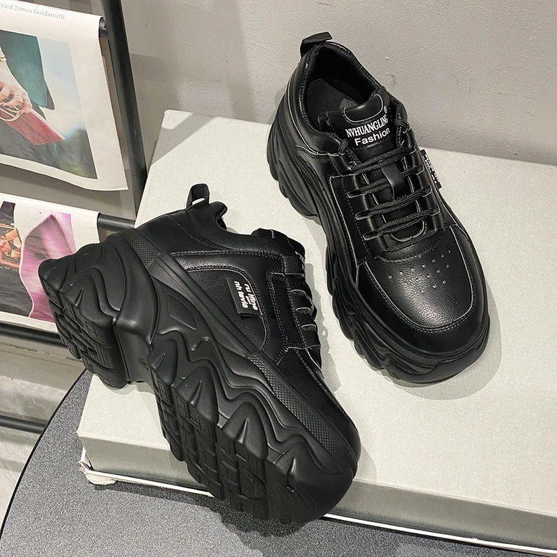White Black Chunky Sneakers Women Spring Autumn Thick Bottom Dad Shoes Woman Fashion PU Leather Platform Sneakers Ladies Tennis