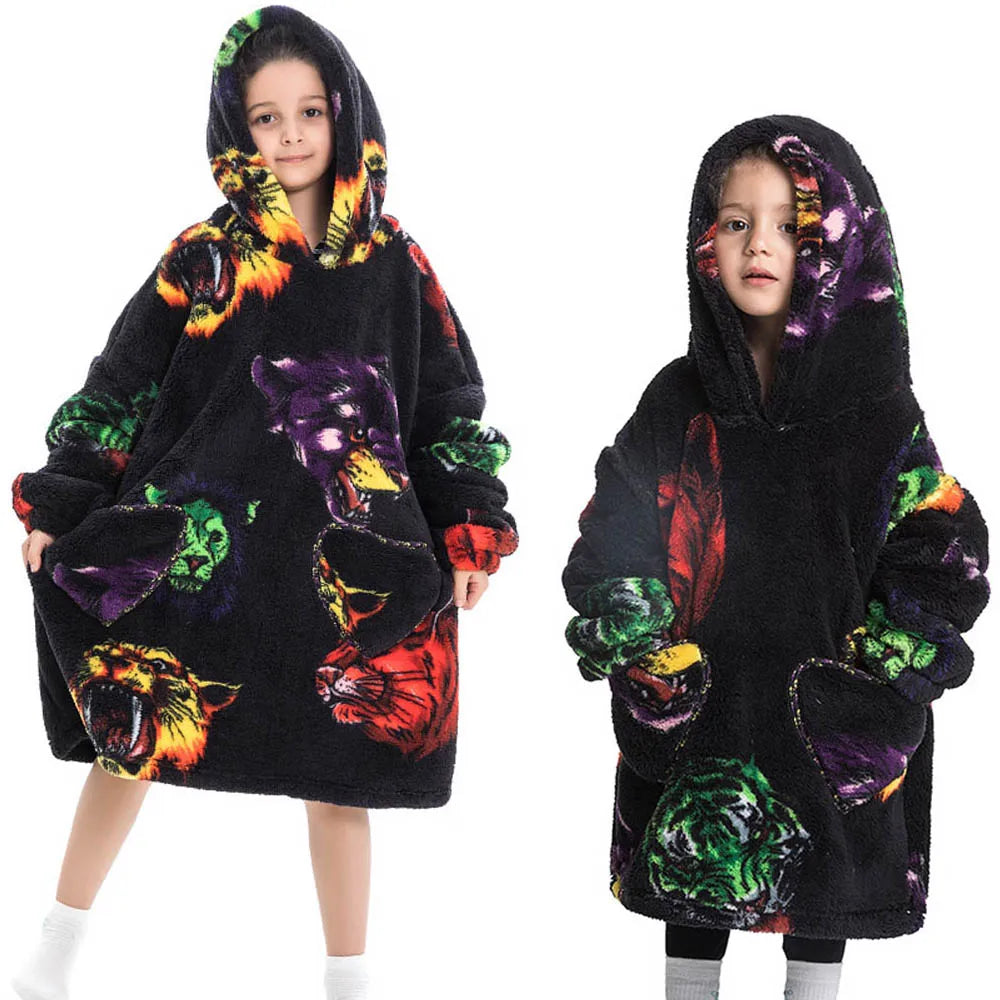 Halloween Pumpkin Hoodies for Boys Girls Winter Thick Flannel Hooded Sweatshirts Kids Clothing Children Oversized Blanket Hoodie