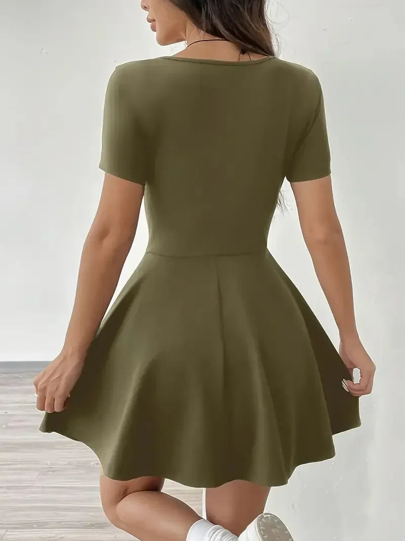 Summer 2025 Brown Knitted Short Casual Dress Mini Skirt Length Polyester Fiber Square Collar Empire Waistline Regular Sleeve