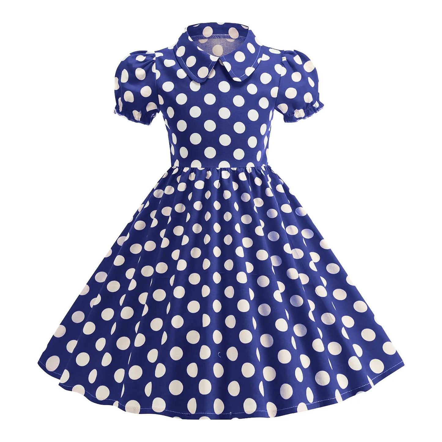 Girls Vintage Polka Dot Summer Dresses Elegant 50s Turn Down Collar Short Sleeve Princess Cocktail Dress Children'S Clothing