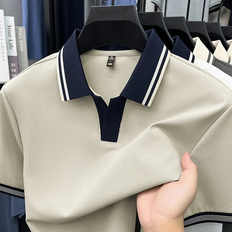 Light luxury summer new short sleeve polo shirt silky breathable high-end men's fashion personalized color blocked lapel T-shirt