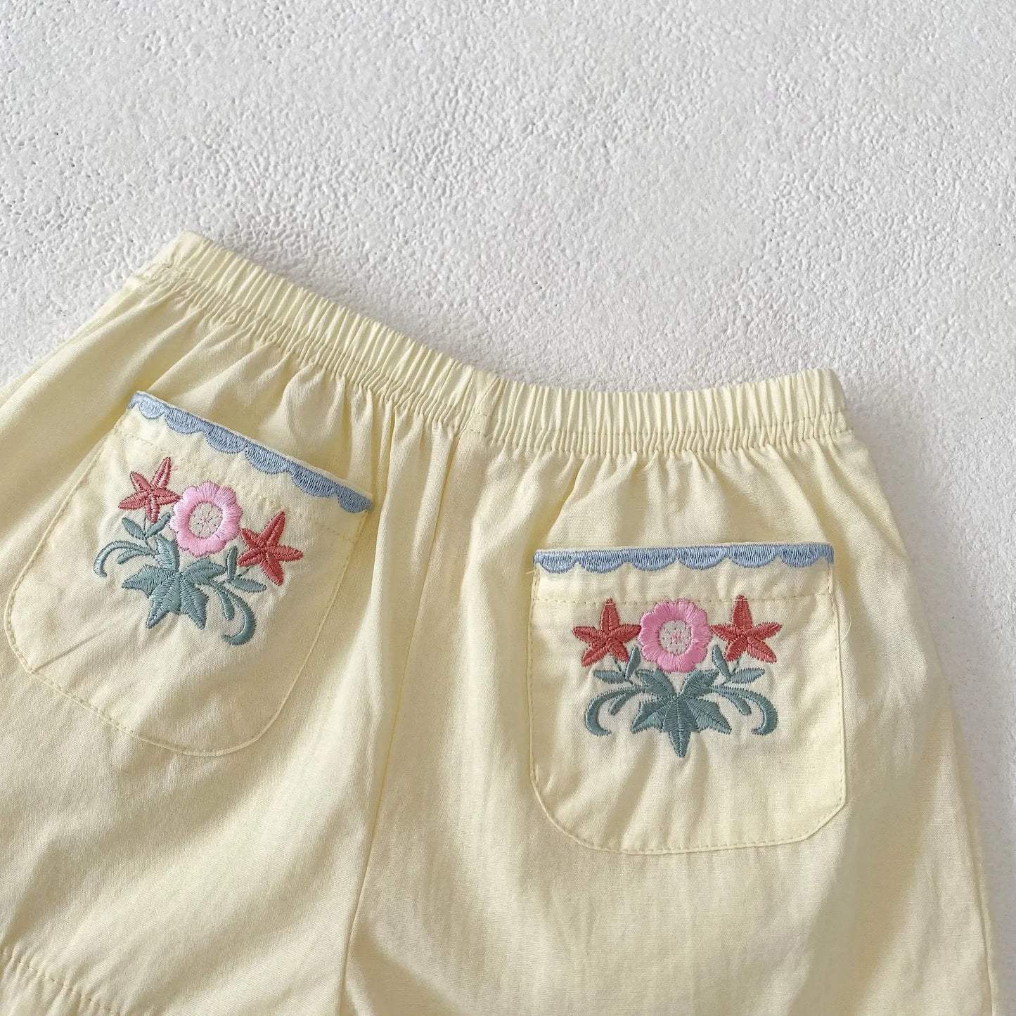 New summer baby clothing, set of 2 pieces for 0-3 year old girls with flower embroidered lapel short sleeved top and thin shorts