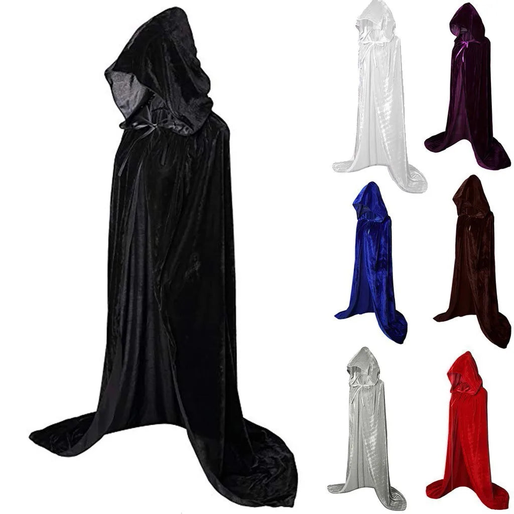 Halloween Costume Unisex Cosplay Death Cape Long Hooded Cloak Wizard Witch Medieval Cape S-Xl Black White Red Coffee Blue