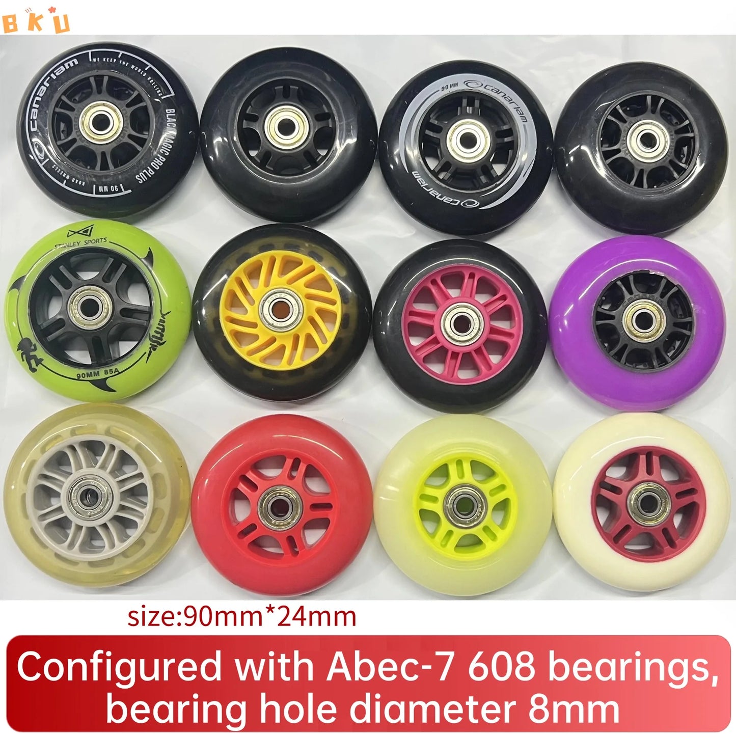 8pcs Universal 90mm PU Wheels for Inline Skates Luggage Stroller with ABEC-7 608 Bearings 12 Color Variants 8mm Inner Hole