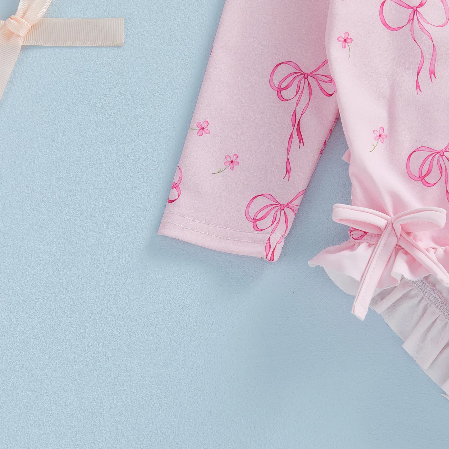 Toddler Baby Girl Rash Guard Swimsuit Bow Print Ruffled Long Sleeve Round Neck Beachwear Jumpsuit and Hat Swimwear 2Pcs Set