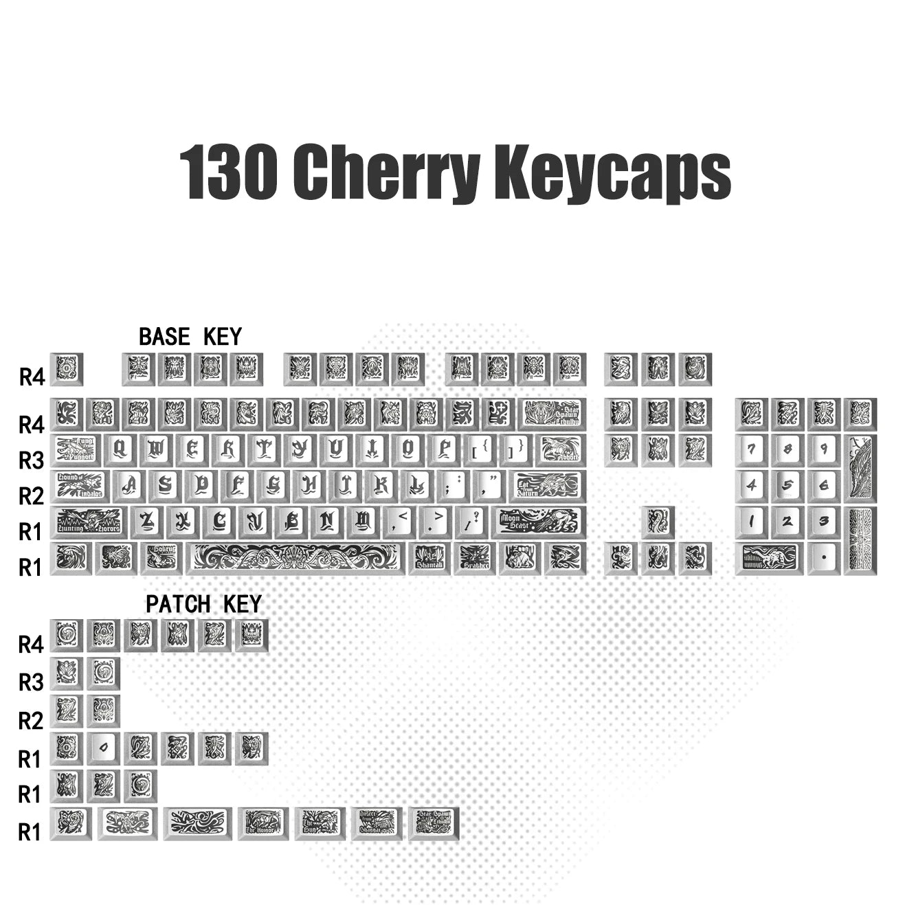 Cthulhu PBT Keycaps Set,130 Keys Custom Black Silver Metallic Silver Finish Cherry Profile Keycap For MX Mechanical Keyboard