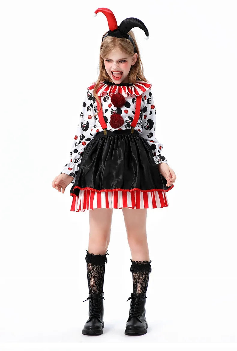 Halloween Cosplay Costumes Horror Clown Dresses Pants Headwear Clothes Sets Carnival Theme Party Role Playing Outfits for Girls