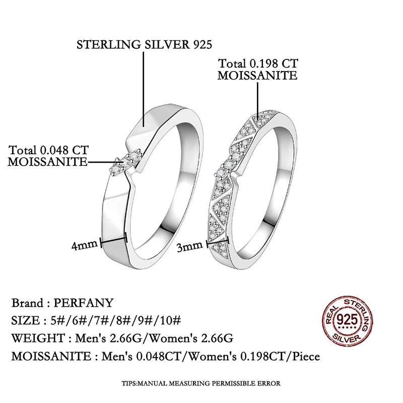 PERFANY All Moissanite Ring for Women Men S925 Pure Silver Couple Ring Simple Wedding Fashion Jewelry Birthday Gift