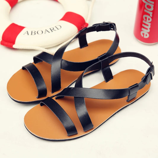 Mens Summer Breathable Leather Sandals Comfortable Roman Slippers for Outdoor Walking Casual Wear Non Slip