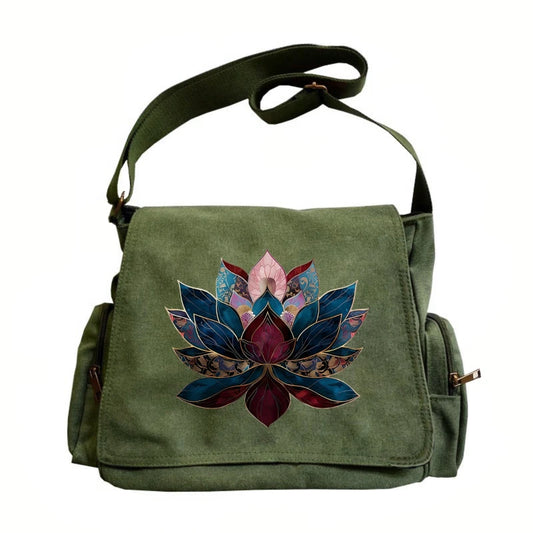 Vintage Women's Shoulder Bag Canvas Lotus Print Large Capacity Crossbody Bag for Travel Messenger Bag