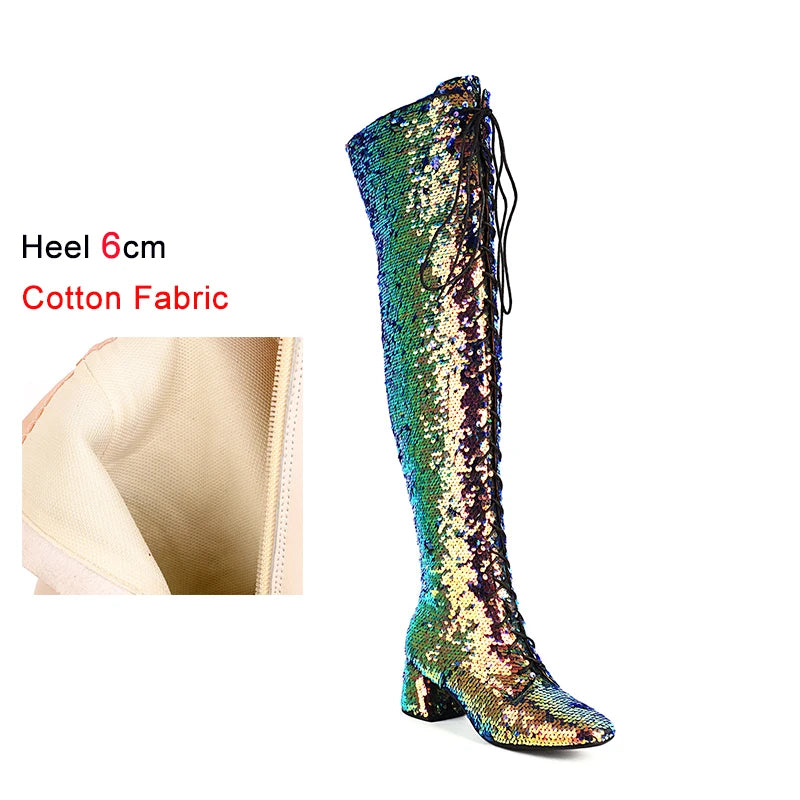 Glitter Bling Boots Women Over the knee Chunk High Heels Zipper Lace-Up Runway Lady Shoes Large Size Thigh High Boots Size 46