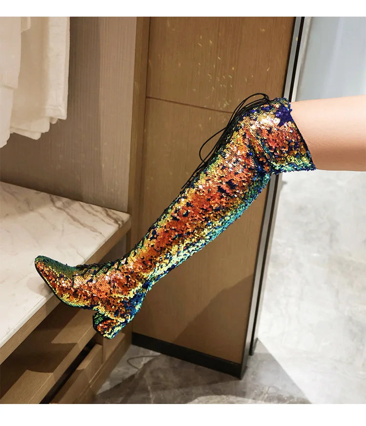 Glitter Bling Boots Women Over the knee Chunk High Heels Zipper Lace-Up Runway Lady Shoes Large Size Thigh High Boots Size 46