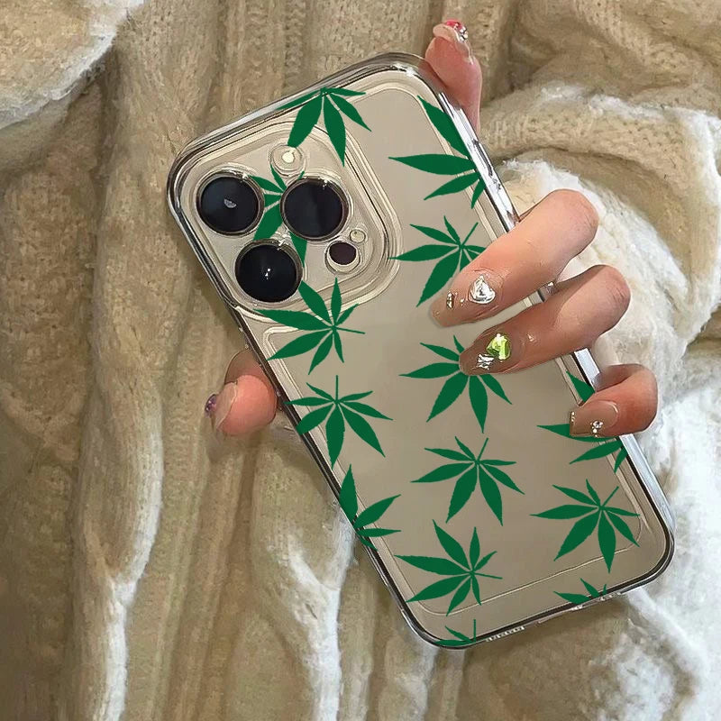Green Leaf Pattern Phone Case for iPhone 17 Air 16 15 14 11 Pro Max Plus 13 12 Mini X 8 7 Soft TPU Back Cover Coque