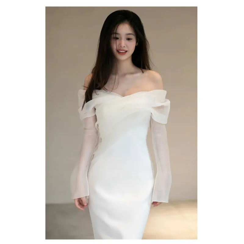 2026 Summer New One Shoulder Satin Light Wedding Dress French Travel Photography Bridal Temperament Simple and Slim Fit Dress