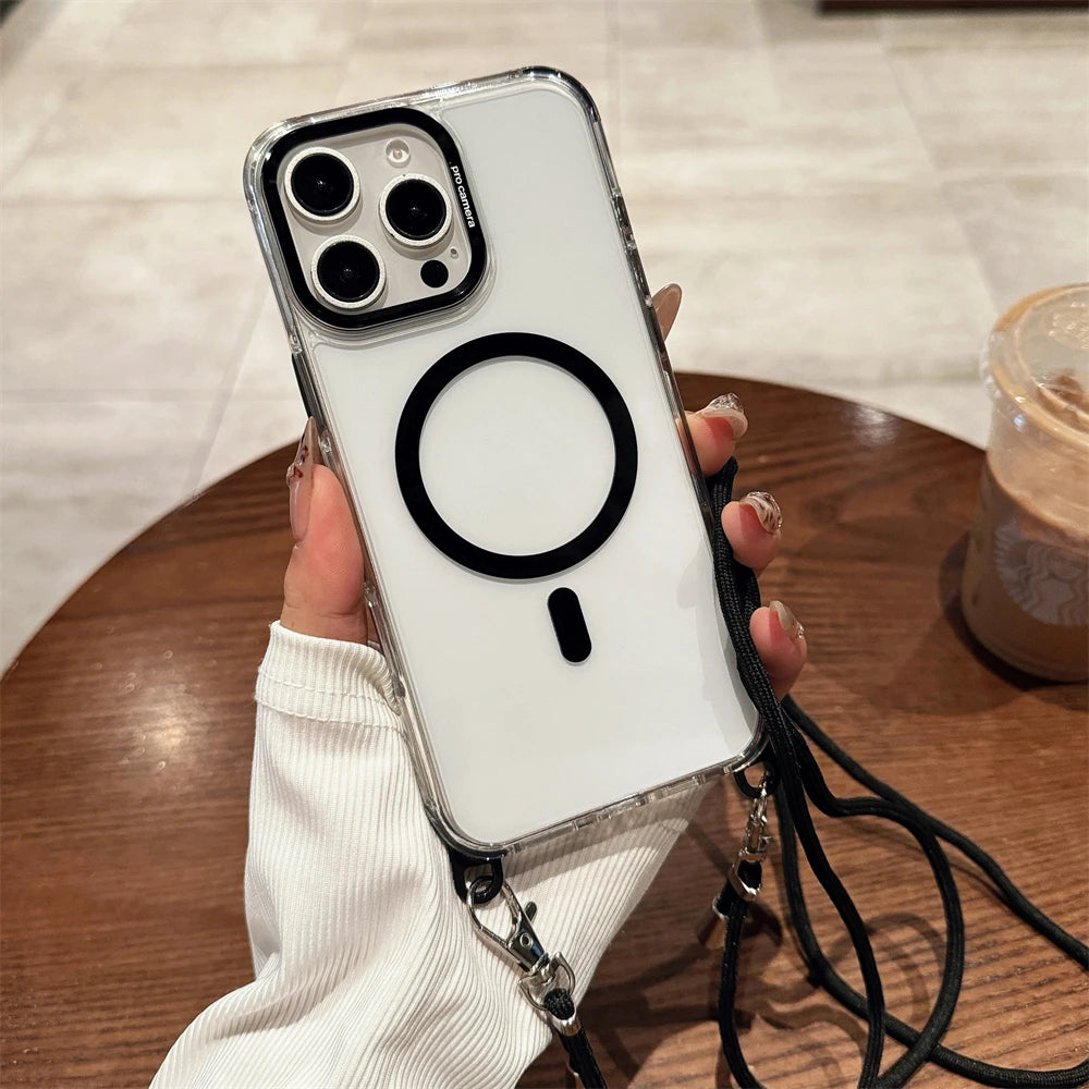 Crossbody Lanyard Necklace Transparent Magnetic For Magsafe Case for iPhone 17 15 11 12 13 14 16 Pro Max Plus Anti-lost Cover