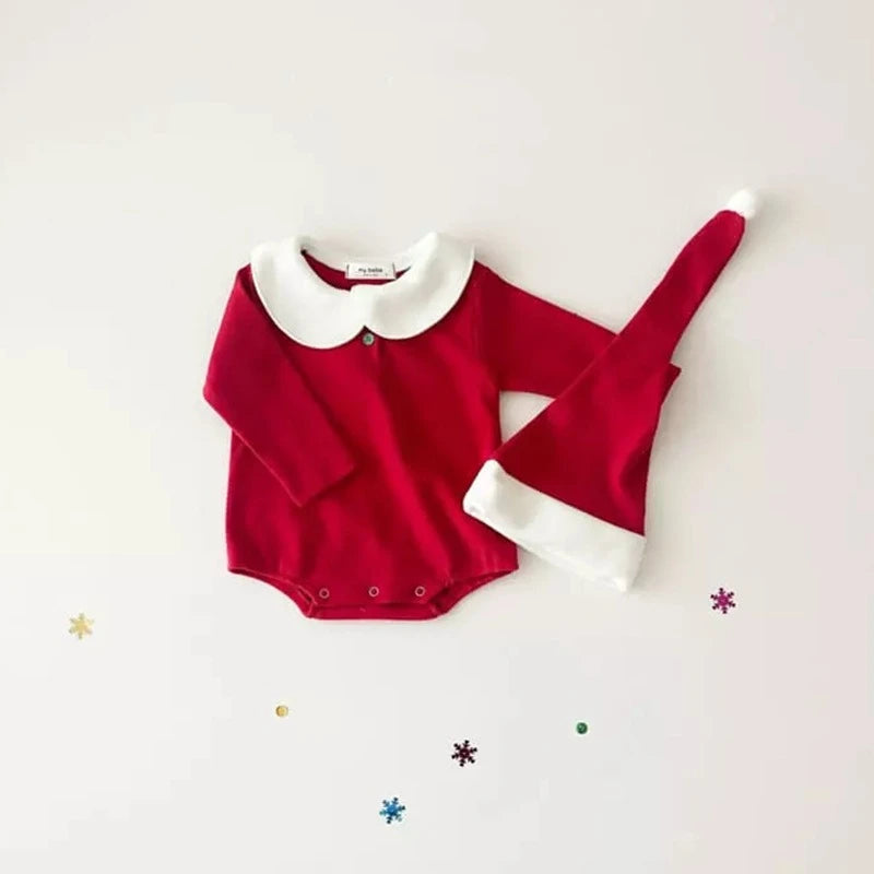 Unisex Baby Cute Triangle Romper with Hat for Christmas Boys  Lapel Collar Long-Sleeve Onesie Girls Comfortable New Year