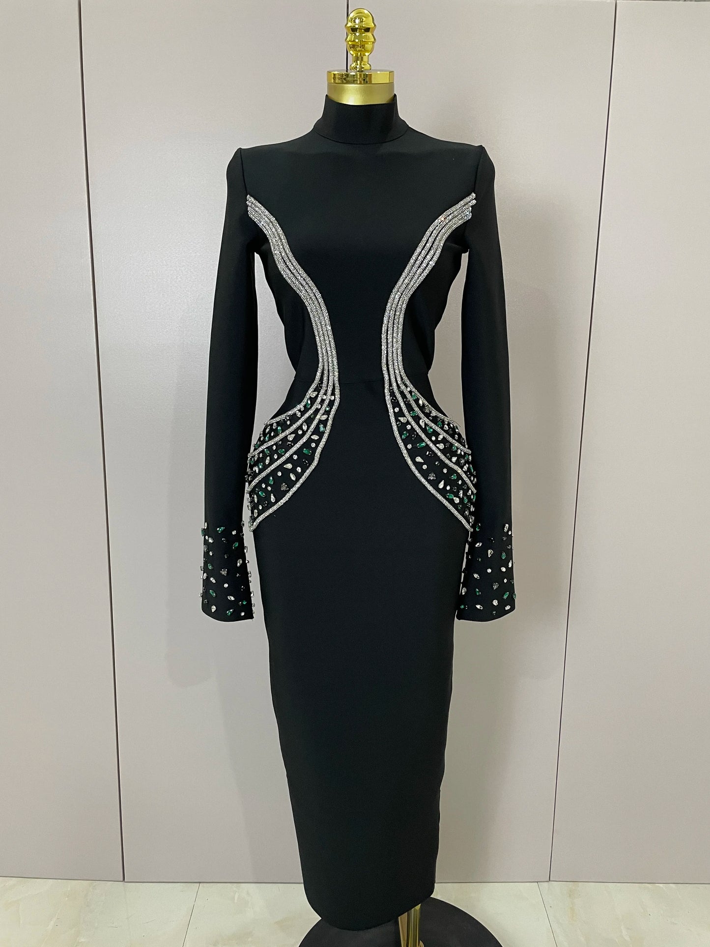 Women High Quality Black Color Long Sleeve Sexy Shiny Crystal Bodycon Long Bandage Dress Evening Birthday Party Cocktail Dress