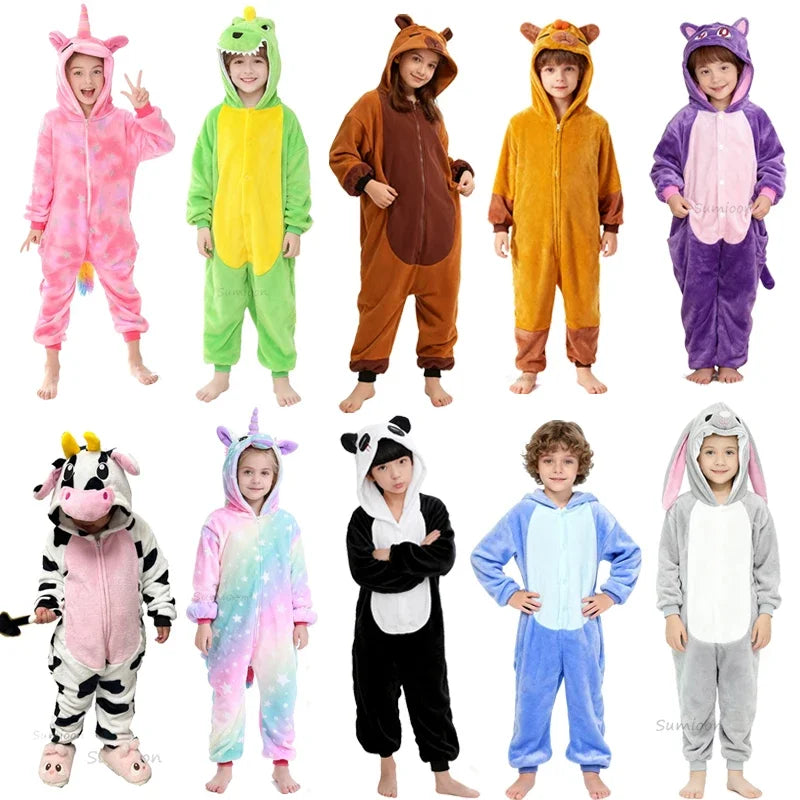 4 6 8 10 12 Years Girls Black Cat Jumpsuits Unicorn Pajamas Kigurumi Toddler Kids Hooded Flannel Home Wear Children Onesie
