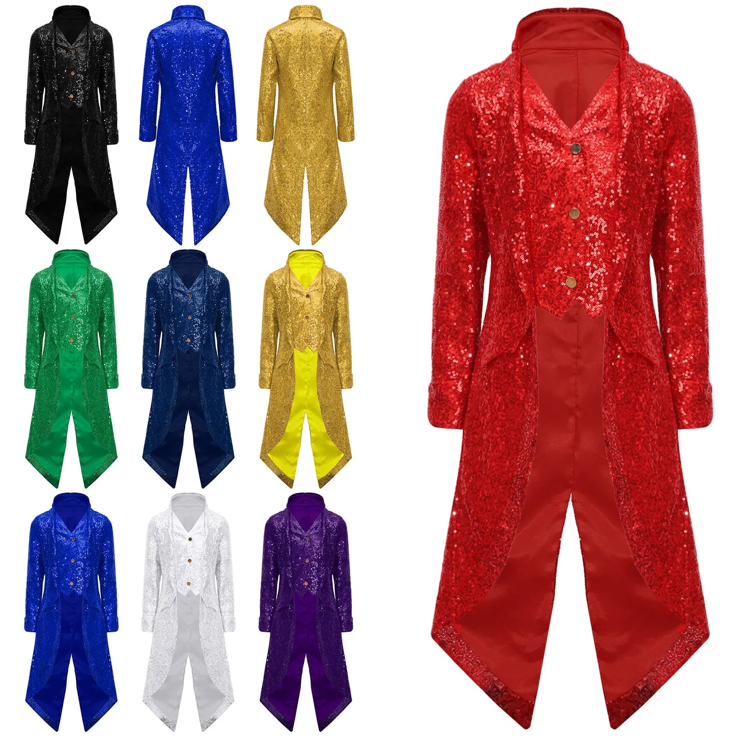 Kids Boys Halloween Medieval Renaissance Costume Sparkly Sequins Victorian Tailcoat Jacket Frock Coat Long Sleeve Gothic Tuxedo