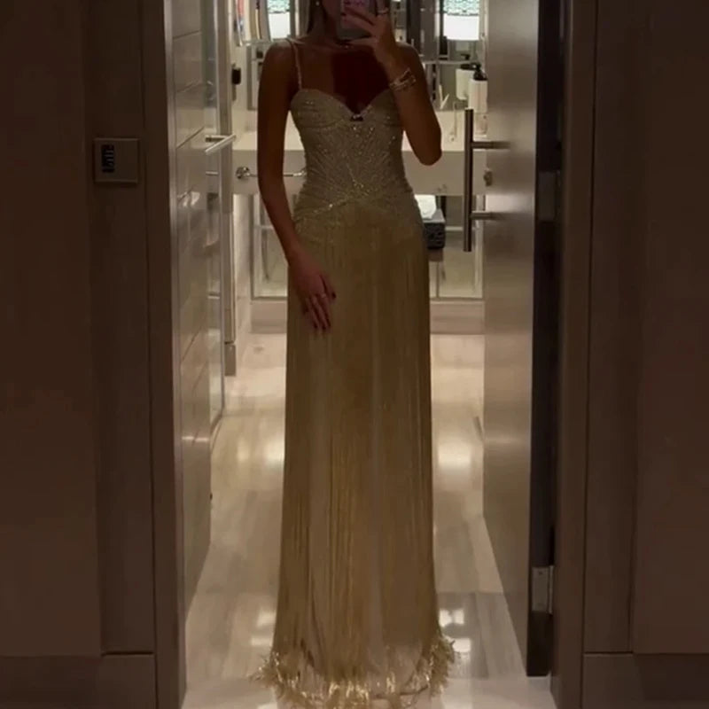 New 2026 Women's Banquet President Dress Fashion Sequin Tassel Slim Cocktail Dress Elegant Temperament Off Shoulder Strap Dress